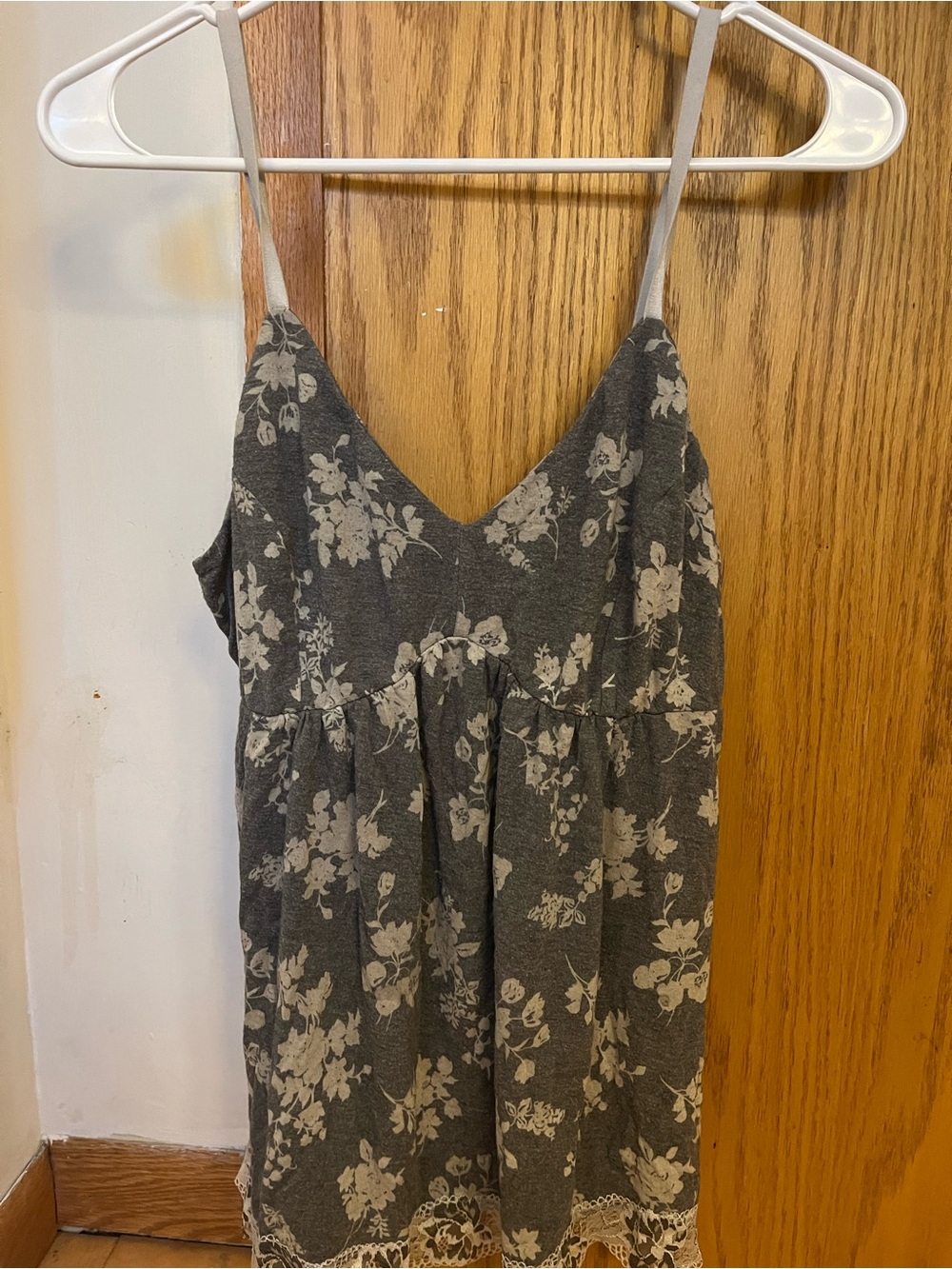 Gray Floral Lace-Trim Spaghetti Strap baby doll top
